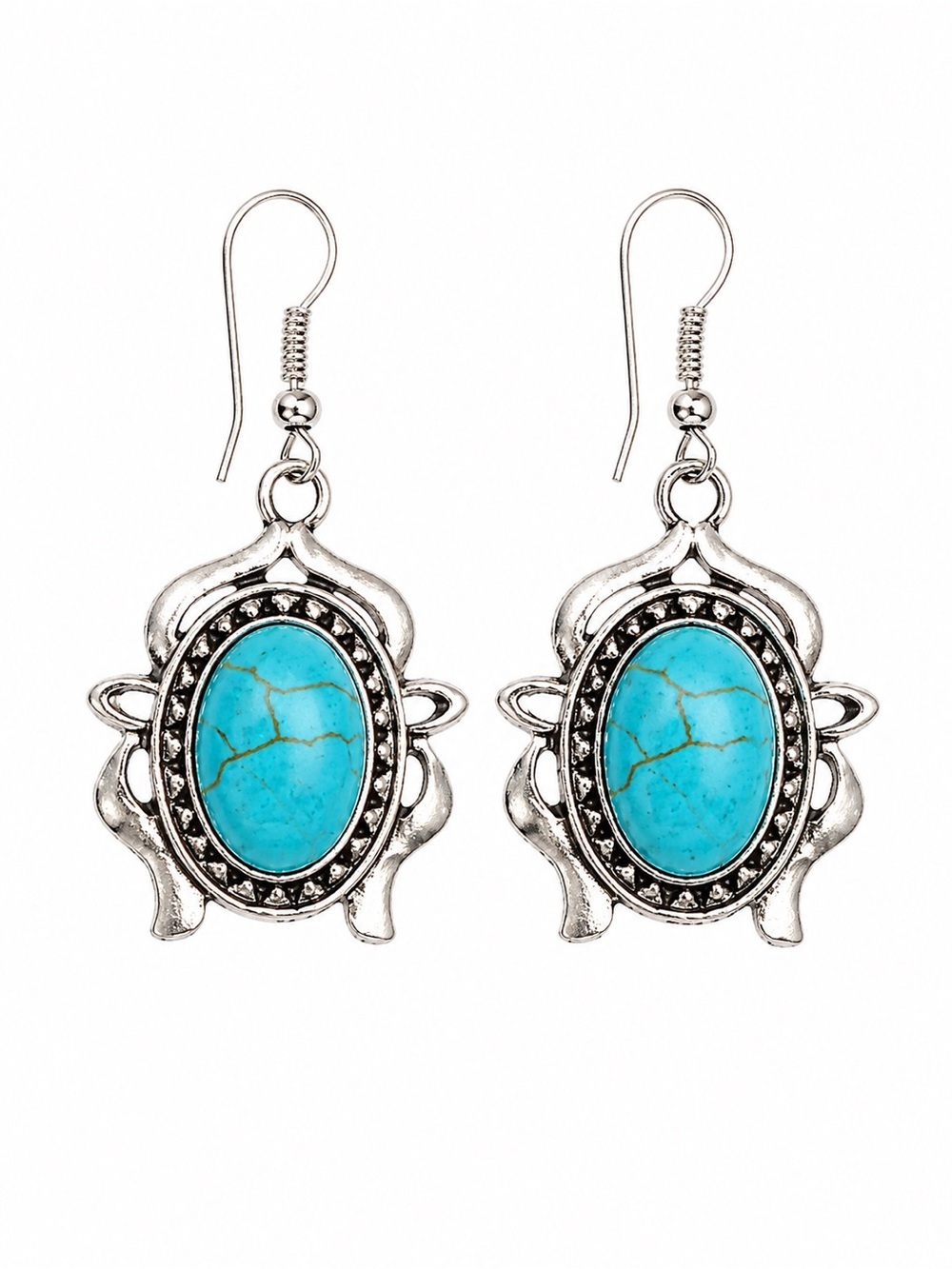 Silver-tone Faux Turquoise Pierced Hook Earrings Western Boho Southwestern